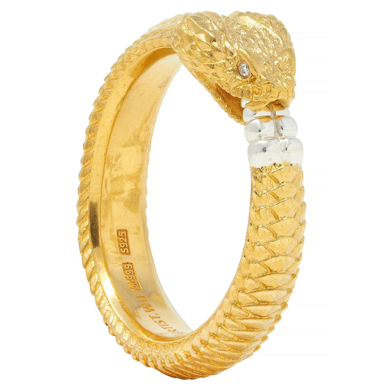 Contemporary Diamond 24 Karat Yellow Gold Sterling Silver Ouroboros Snake Ring