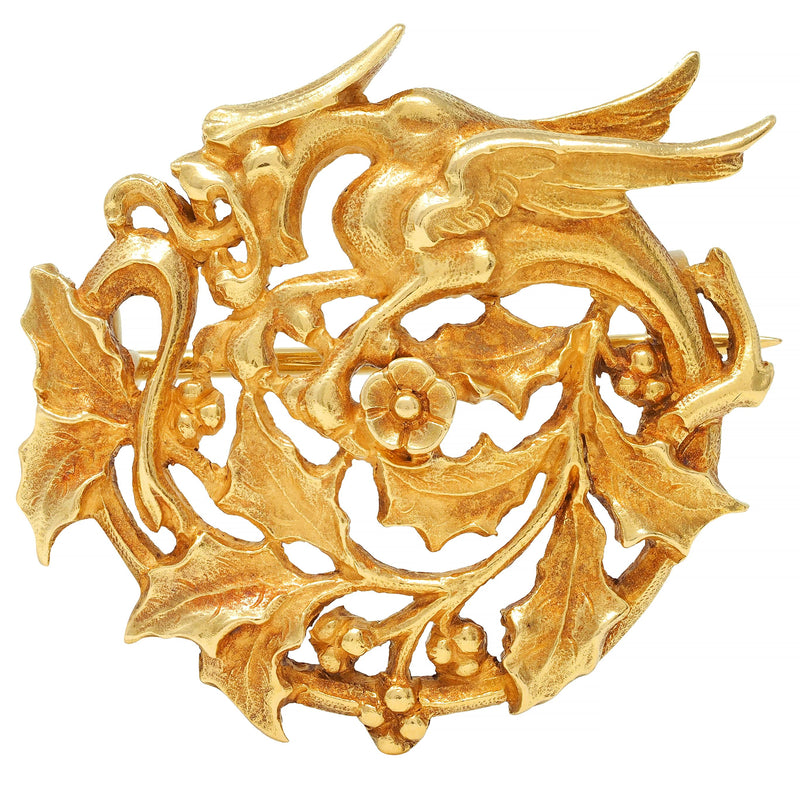 Art Nouveau French 18 Karat Yellow Gold Dragon Holly Circle Brooch