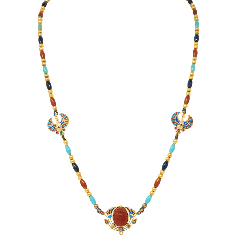 Victorian Egyptian Revival Multi-Gem Lapis Carnelian Enamel 18 Karat Yellow Gold Beaded Antique Necklace