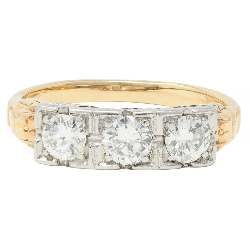 Art Deco 0.60 CTW Diamond Platinum 14 Karat Gold Three Stone Antique Band Ring