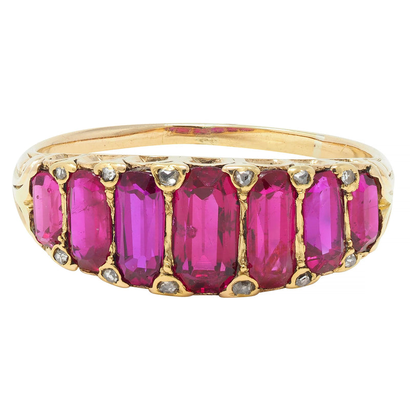 Victorian 2.88 CTW No Heat Burma Ruby Diamond 18 Karat Yellow Gold Antique Band Ring GIA