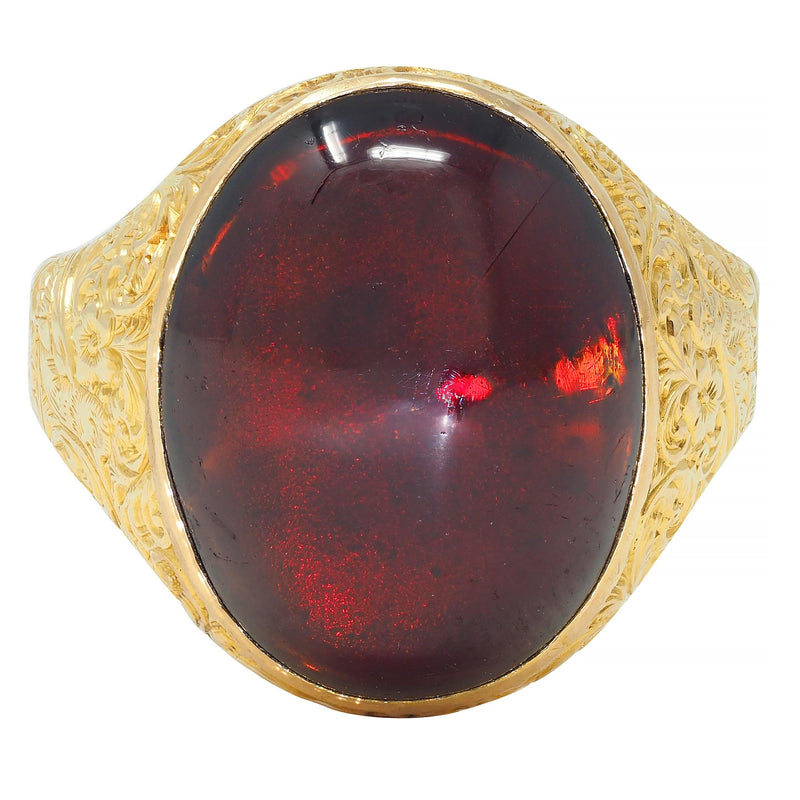 Victorian Garnet Cabochon 18 Karat Yellow Gold Floral Antique Unisex Signet Ring