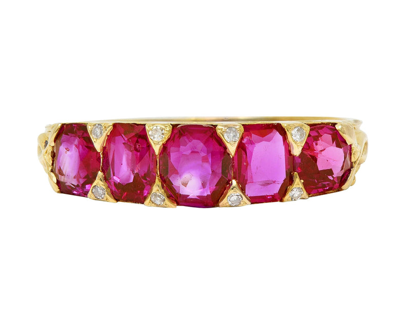 Art Nouveau 1.67 CTW Ruby Diamond 18 Karat Yellow Gold Foliate Five Stone Antique Band Ring