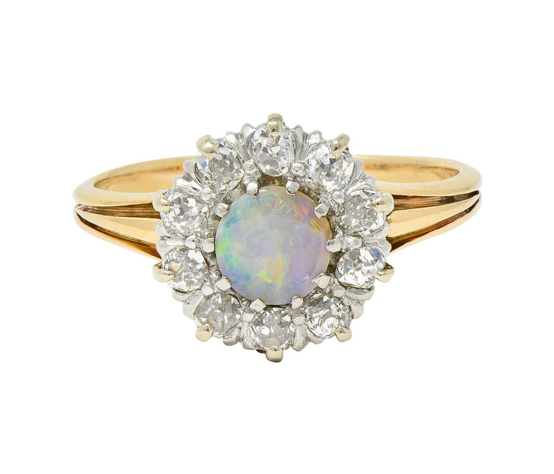 Edwardian Opal Diamond Platinum 14 Karat Yellow Gold Antique Halo Ring