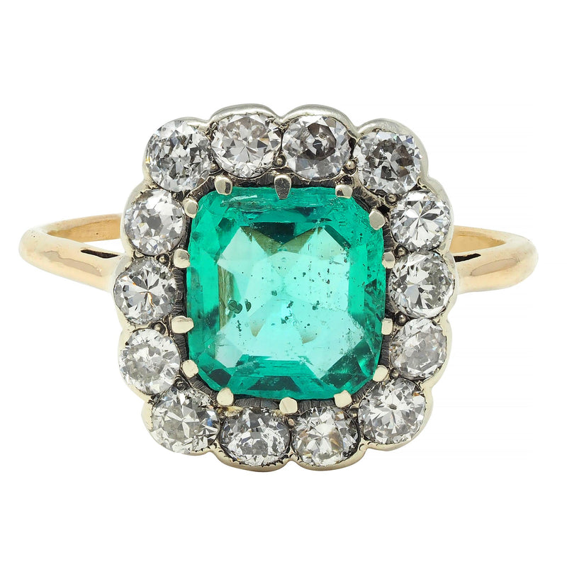 Victorian 2.15 CTW Colombian No Oil Emerald Diamond Silver 14 Karat Gold Antique Halo Ring GIA