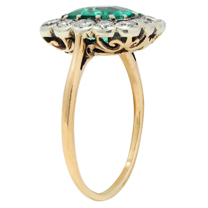 Victorian 2.15 CTW Colombian No Oil Emerald Diamond Silver 14 Karat Gold Antique Halo Ring GIA