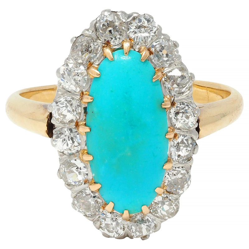 Edwardian Diamond Turquoise Platinum 14 Karat Yellow Gold Antique Halo Ring