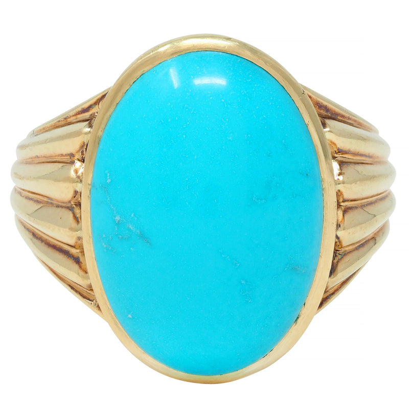 Retro Jones & Woodland Turquoise 14 Karat Yellow Gold Fanning Vintage Men’s Signet Ring