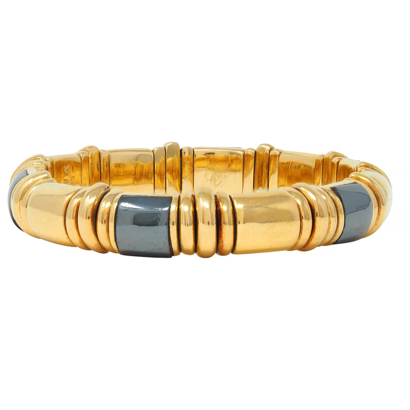 Bulgari 1990’s 18 Karat Yellow Gold Hematite Vintage Tubogas Cuff Bracelet