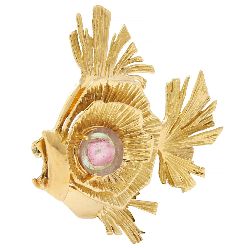 Gübelin 1960s Watermelon Tourmaline 18 Karat Yellow Gold Vintage Fish Brooch