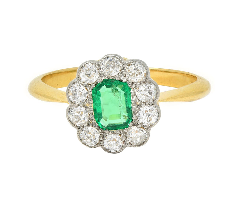 Edwardian Emerald Diamond Platinum 18 Karat Yellow Gold Antique Halo Ring