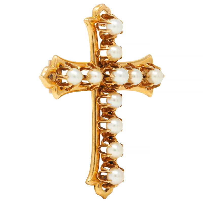 Victorian Pearl 18 Karat Yellow Gold Belcher Set Antique Cross Brooch