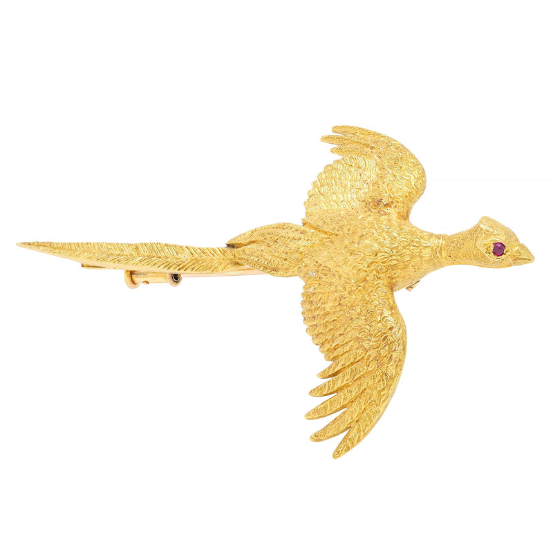 Hermés Paris 1970’s Ruby 18 Karat Yellow Gold Vintage Pheasant Bird Brooch