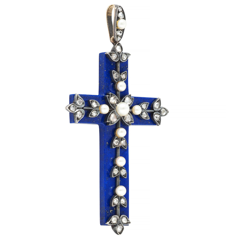 Victorian Lapis Lazuli Pearl Diamond Silver-Topped 14 Karat Gold Antique Cross Pendant