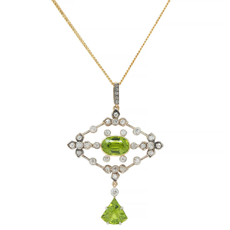 Edwardian 4.92 CTW Peridot Diamond 18 Karat Gold Silver Floral Antique Drop Pendant Necklace