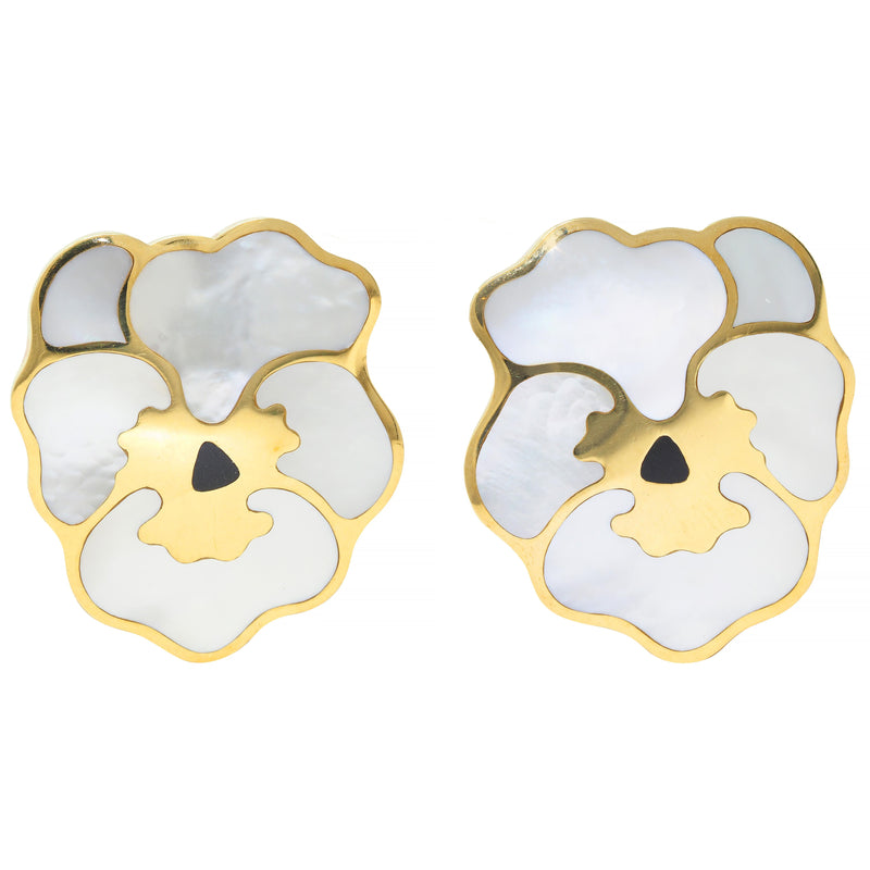 Tiffany & Co. 1987 Mother-Of-Pearl Onyx 18 Karat Yellow Gold Vintage Allures Pansy Ear-Clip Earrings