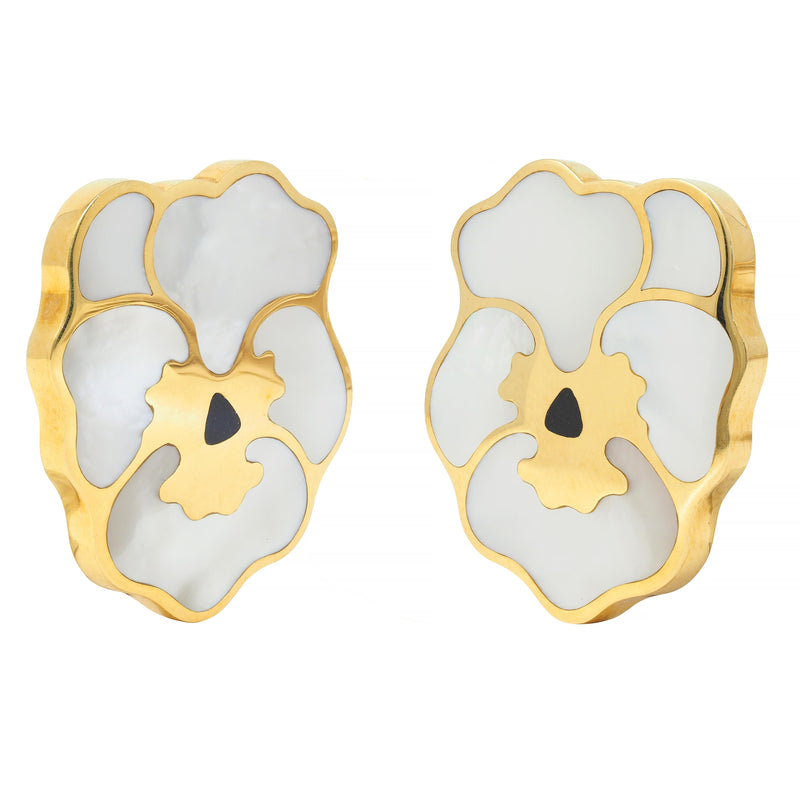 Tiffany & Co. 1987 Mother-Of-Pearl Onyx 18 Karat Yellow Gold Vintage Allures Pansy Ear-Clip Earrings