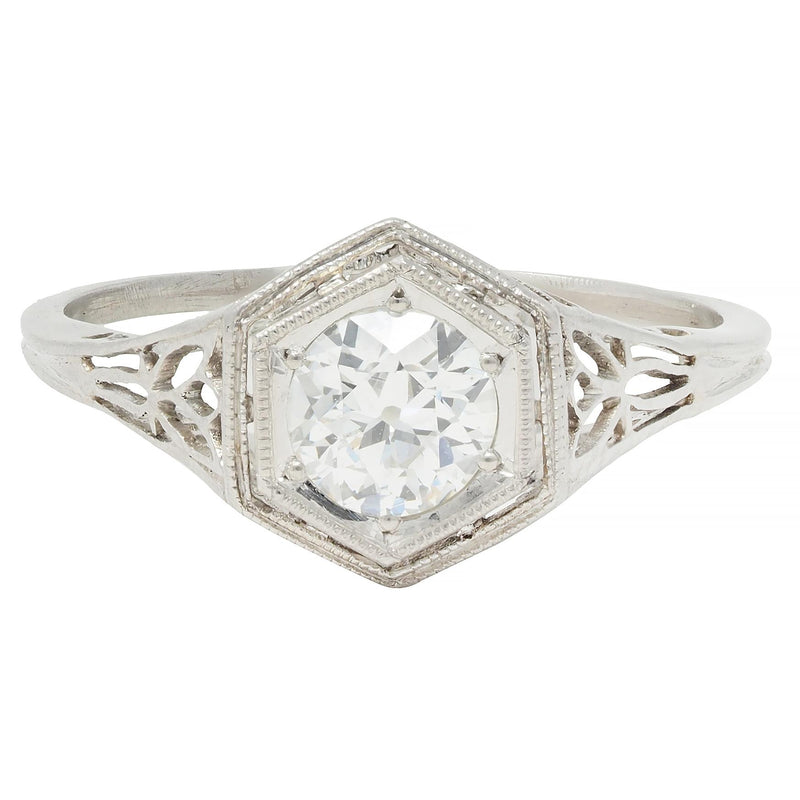 Art Deco 0.65 CTW Old European Diamond Platinum Scrolling Lotus Vintage Engagement Ring