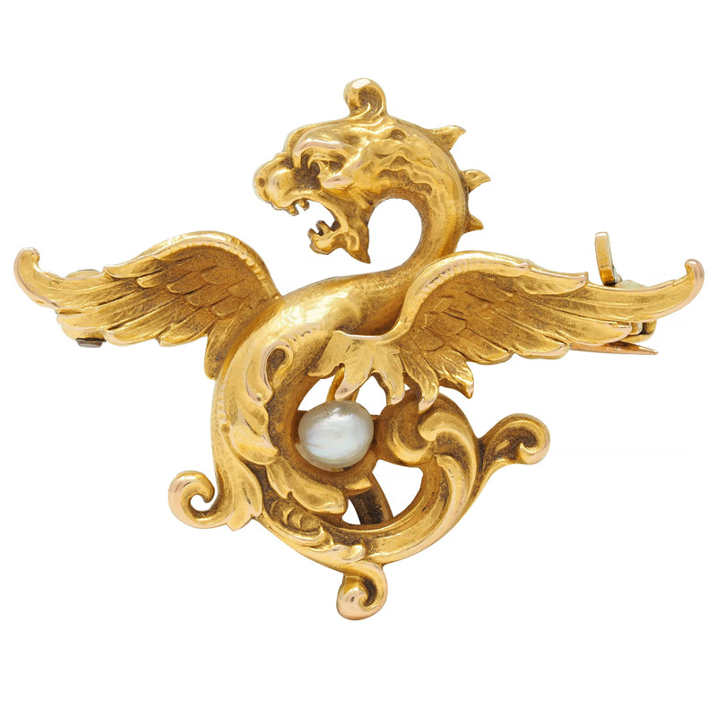 Art Nouveau Pearl 14 Karat Yellow Gold Antique Dragon Brooch