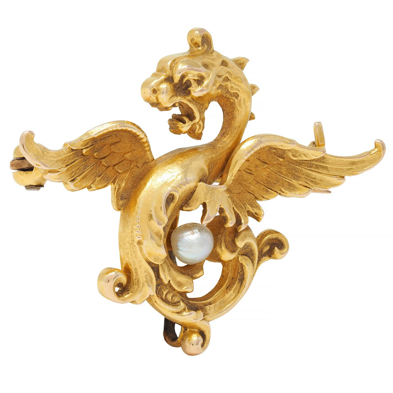 Art Nouveau Pearl 14 Karat Yellow Gold Antique Dragon Brooch