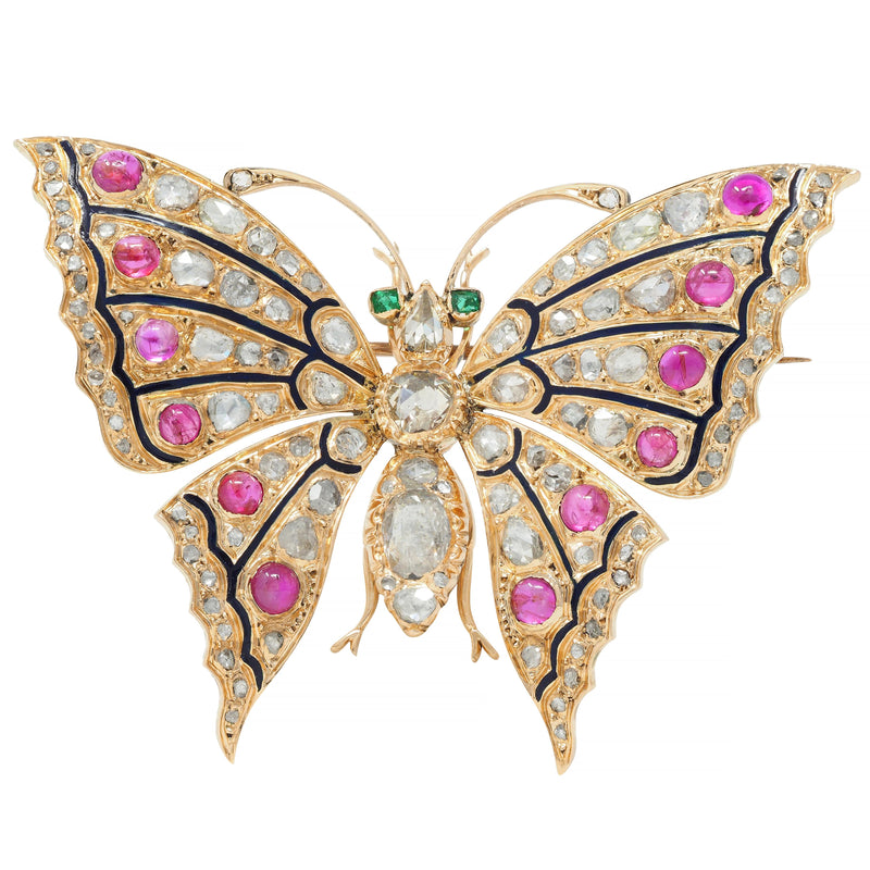 Victorian 5.98 CTW Diamond Ruby Emerald 14 Karat Yellow Gold Antique Butterfly Brooch