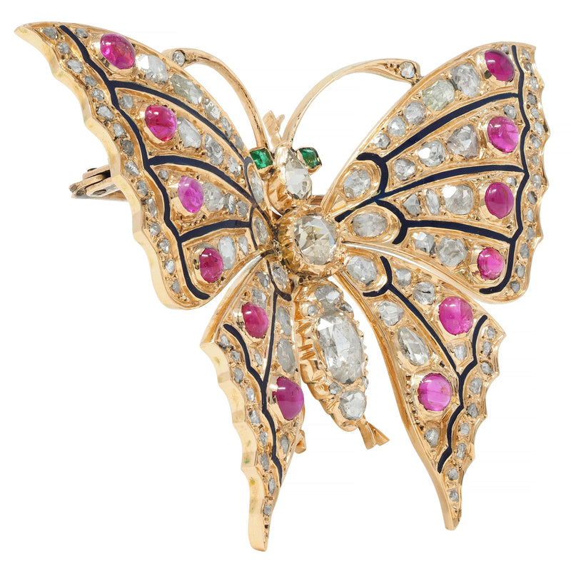 Victorian 5.98 CTW Diamond Ruby Emerald 14 Karat Yellow Gold Antique Butterfly Brooch