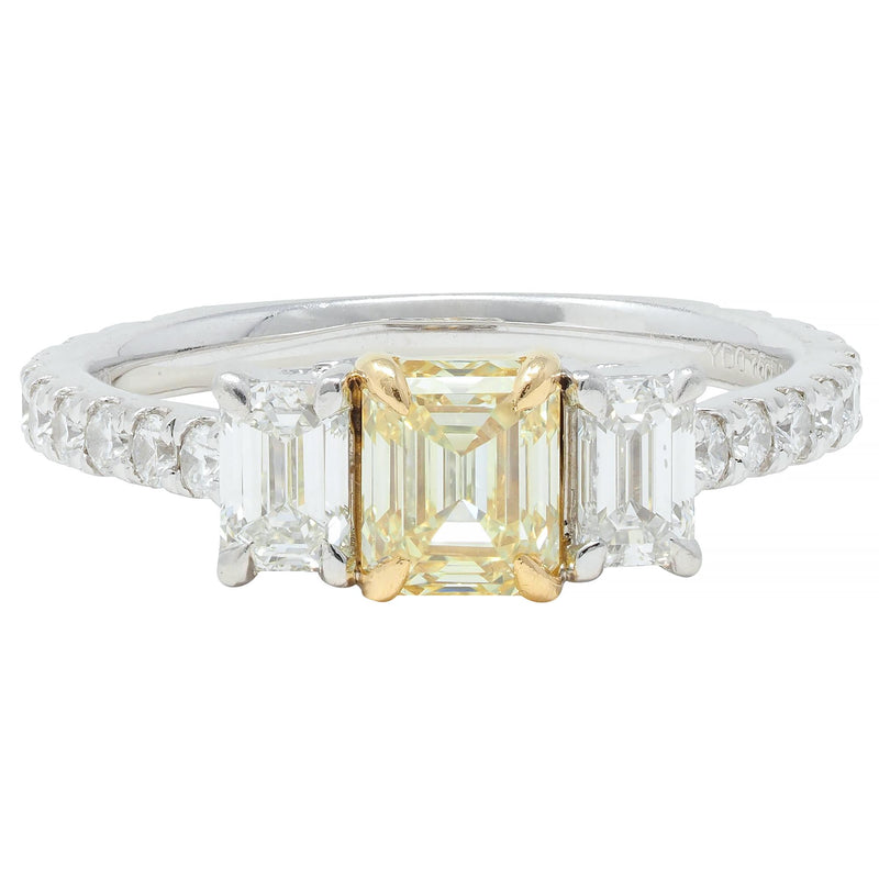 Contemporary 1.61 CTW Fancy Yellow Emerald Cut Diamond Platinum 18 Karat Numerical Engagement Ring