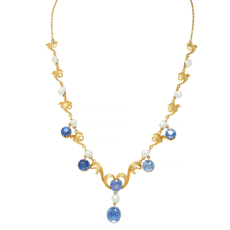 Art Nouveau 11.76 CTW No Heat Ceylon Sapphire Pearl 14 Karat Gold Antique Heart Lavalier Necklace GIA