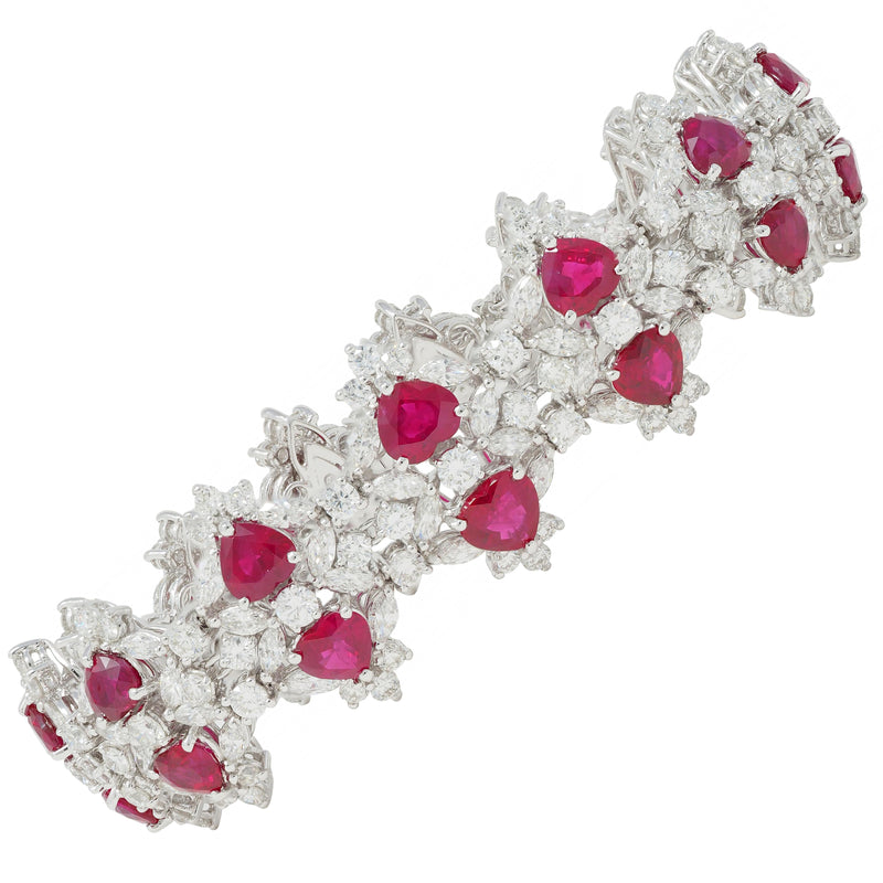 Contemporary 26.45 CTW Heart Cut Ruby Diamond 18 Karat White Gold Cluster Bracelet