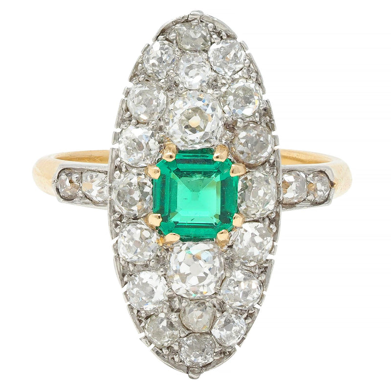 Edwardian French Emerald Diamond Platinum 14 Karat Gold Antique Navette Cluster Ring