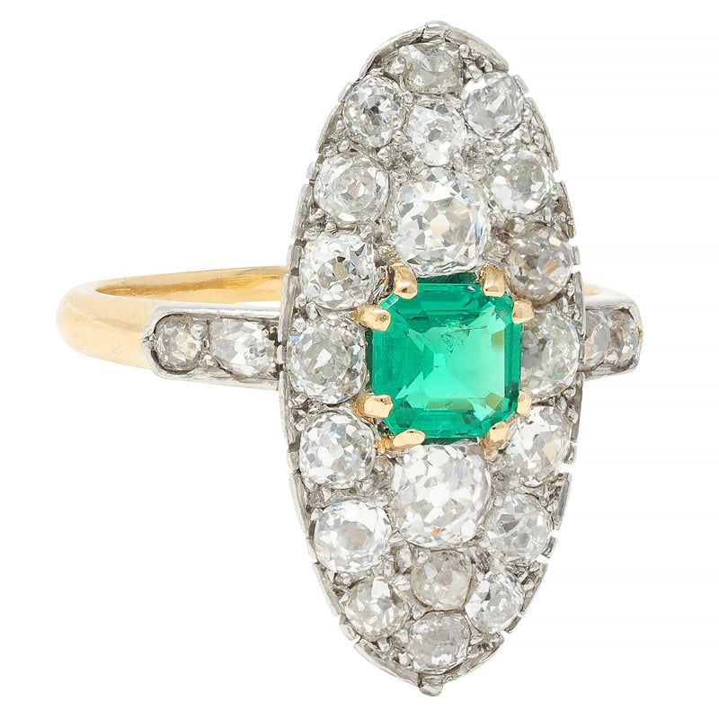 Edwardian French Emerald Diamond Platinum 14 Karat Gold Antique Navette Cluster Ring