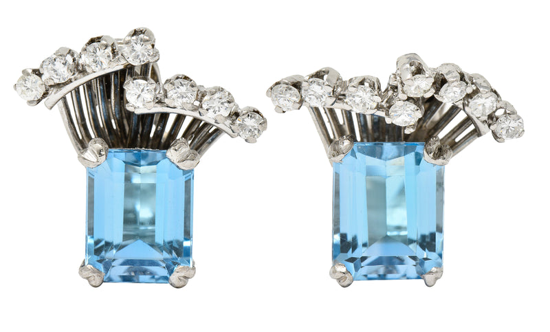 Mid-Century 5.26 CTW Aquamarine Diamond Platinum Vintage Ear-Clip Earrings