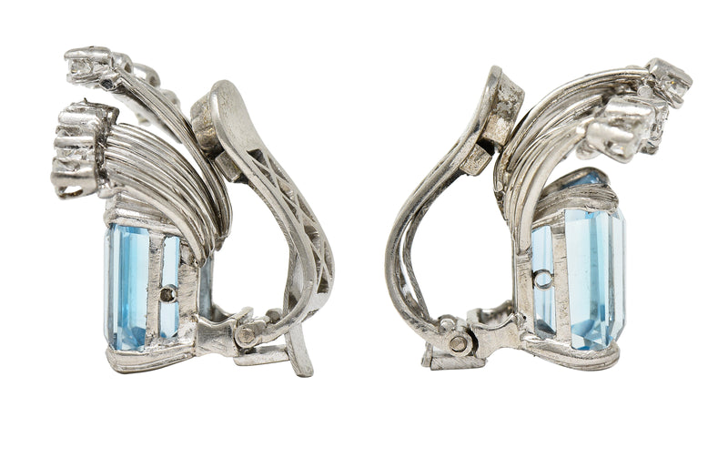 Mid-Century 5.26 CTW Aquamarine Diamond Platinum Vintage Ear-Clip Earrings