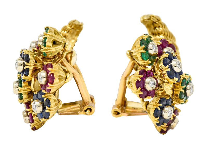 Tiffany & Co. Mid-Century 3.47 CTW Diamond Ruby Sapphire Emerald 18 Karat Yellow Gold Tremblant Floral Cornucopia Vintage Ear-Clip Earrings