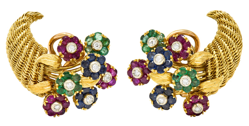 Tiffany & Co. Mid-Century 3.47 CTW Diamond Ruby Sapphire Emerald 18 Karat Yellow Gold Tremblant Floral Cornucopia Vintage Ear-Clip Earrings