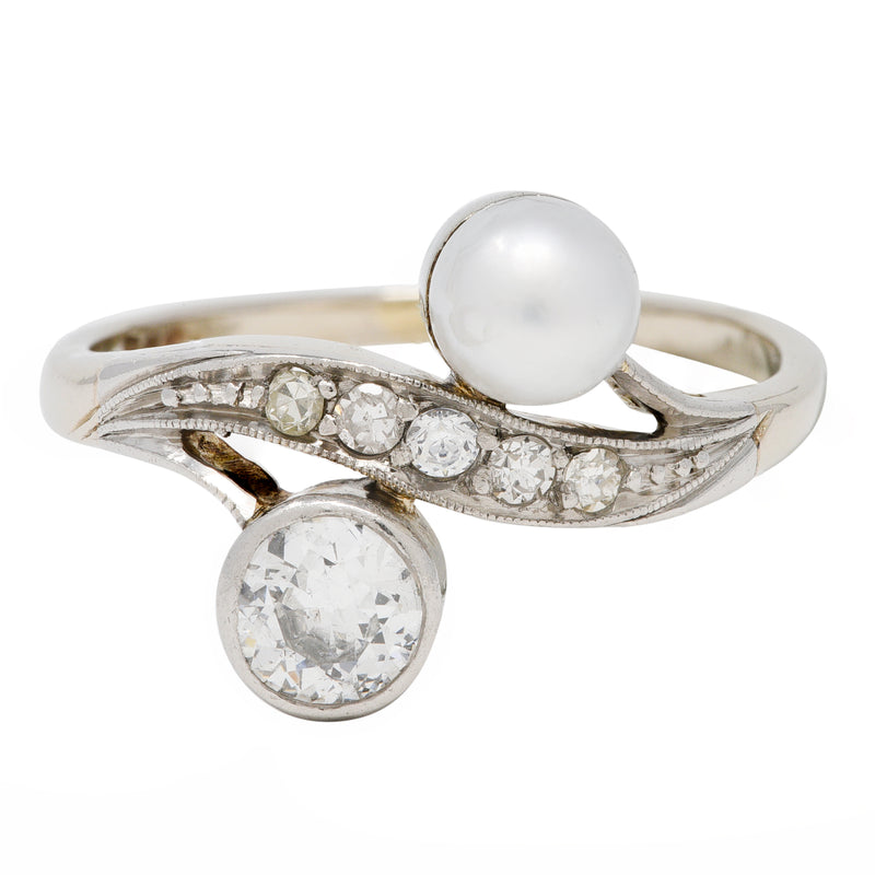 Retro Pearl Diamond 14 Karat White Gold Toi Et Moi Ring