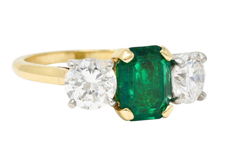 1980’s 3.27 CTW Colombian Emerald Diamond Platinum 14 Karat Yellow Gold Vintage Three Stone Ring GIA