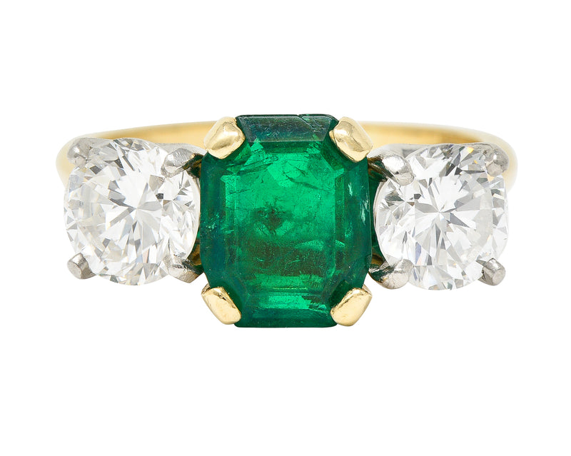 1980’s 3.27 CTW Colombian Emerald Diamond Platinum 14 Karat Yellow Gold Vintage Three Stone Ring GIA