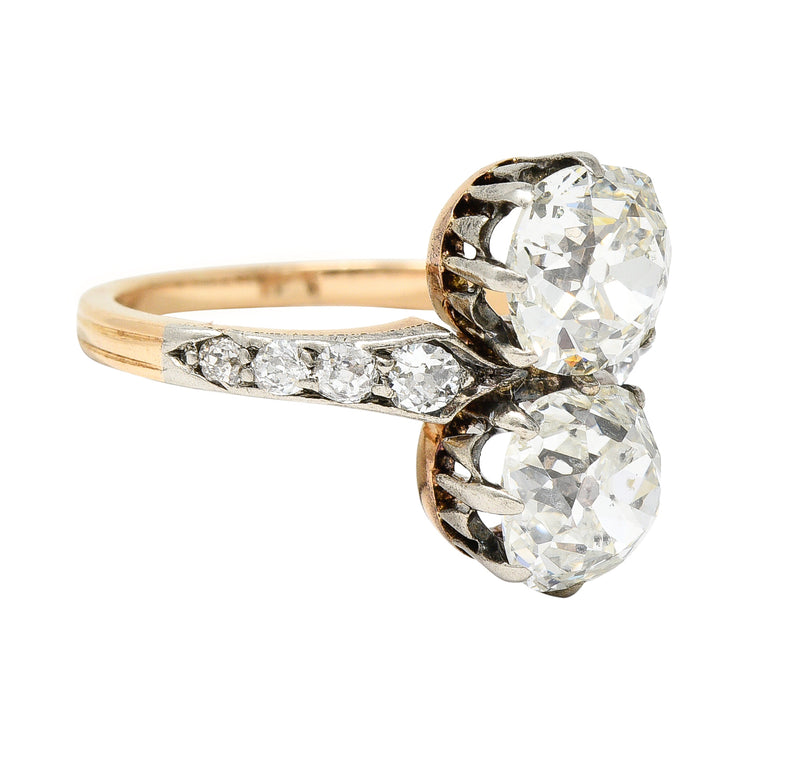 French Edwardian 2.74 CTW Old Mine Cut Diamond Toi-Et-Moi Silver-Topped 14 Karat Yellow Gold Antique Ring