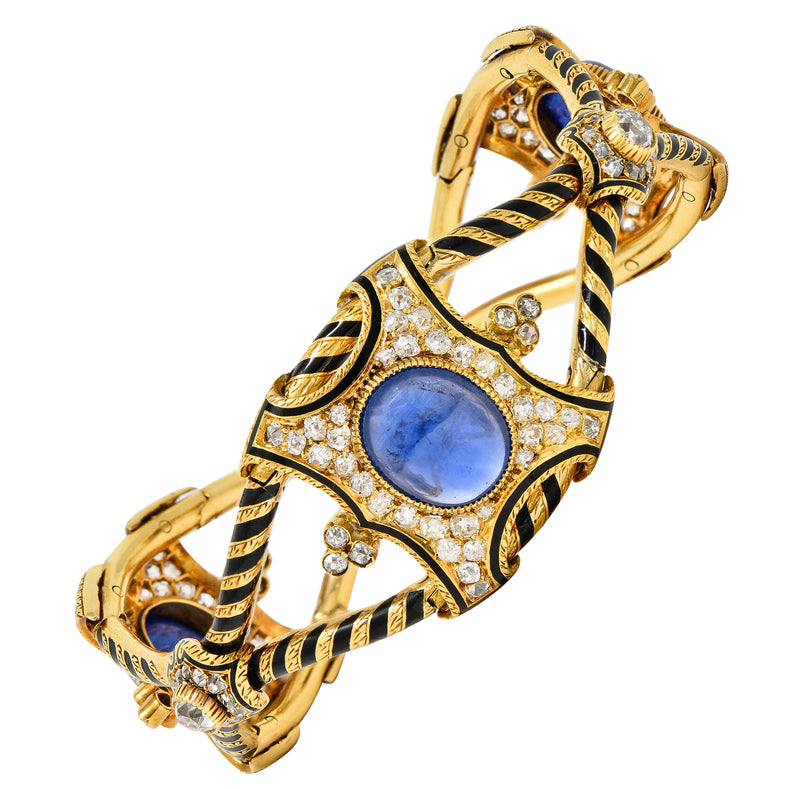 Victorian French 32.04 CTW Sapphire Diamond Enamel 18 Karat Gold Antique Bracelet