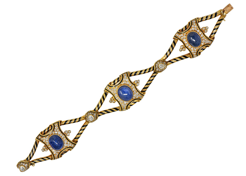 Victorian French 32.04 CTW Sapphire Diamond Enamel 18 Karat Gold Antique Bracelet