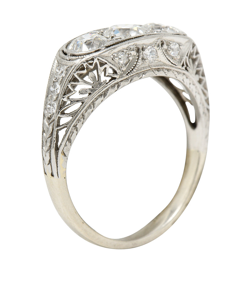 Art Deco 1.38 CTW Diamond Platinum Three Stone Foliate Vintage Ring