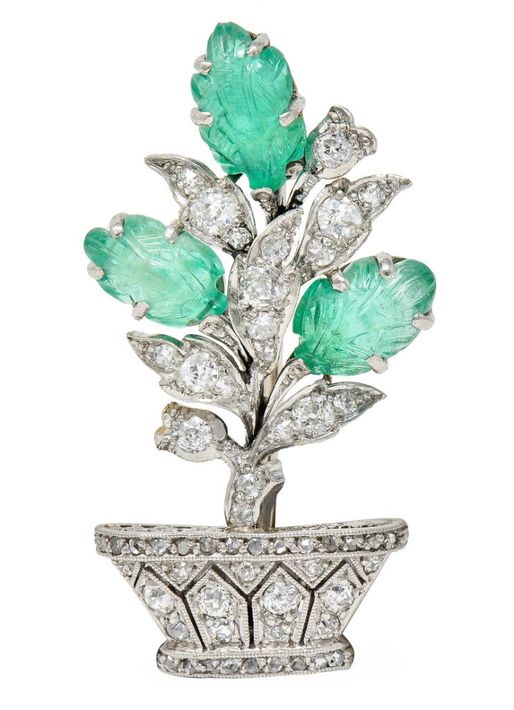 Art Deco 4.94 CTW Emerald Diamond Platinum Giardinetto Floral Vintage Brooch