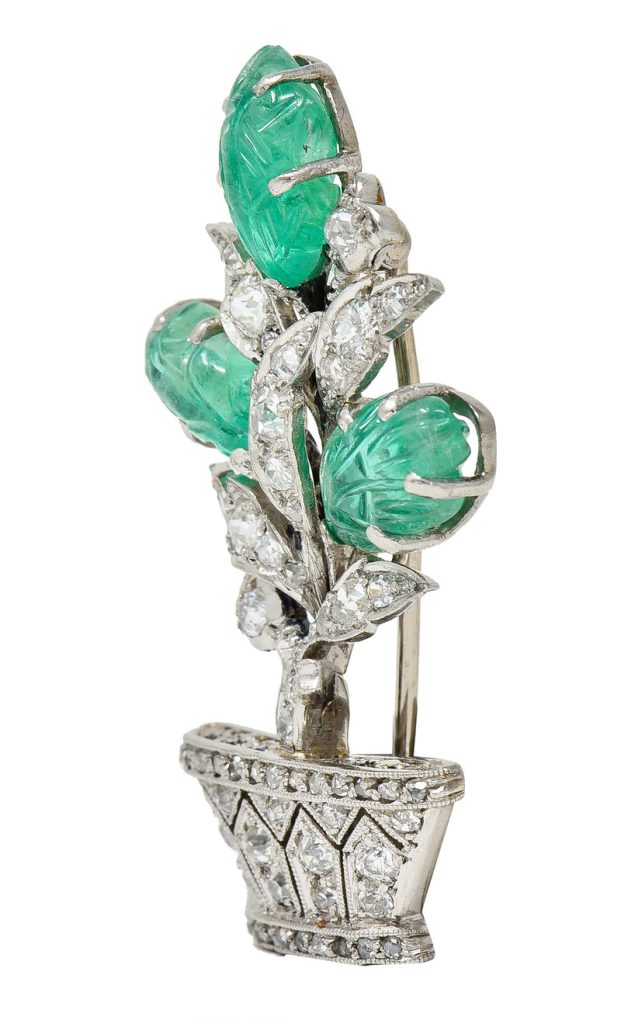 Art Deco 4.94 CTW Emerald Diamond Platinum Giardinetto Floral Vintage Brooch