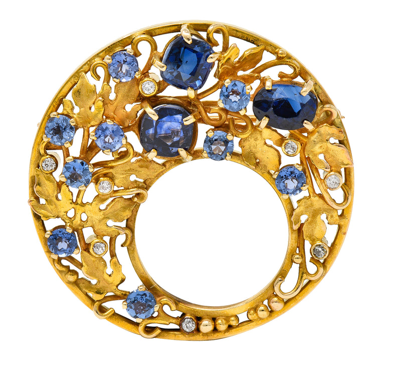 Arts & Crafts Sapphire Diamond 18 Karat Yellow Gold Ivy Antique Circle Brooch