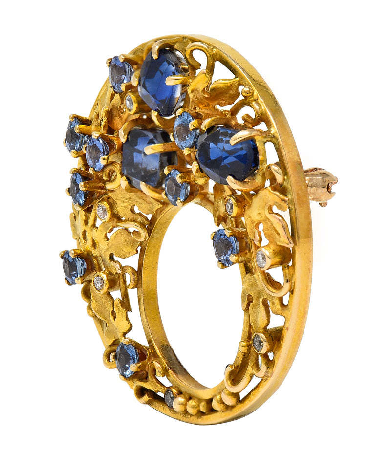 Arts & Crafts Sapphire Diamond 18 Karat Yellow Gold Ivy Antique Circle Brooch