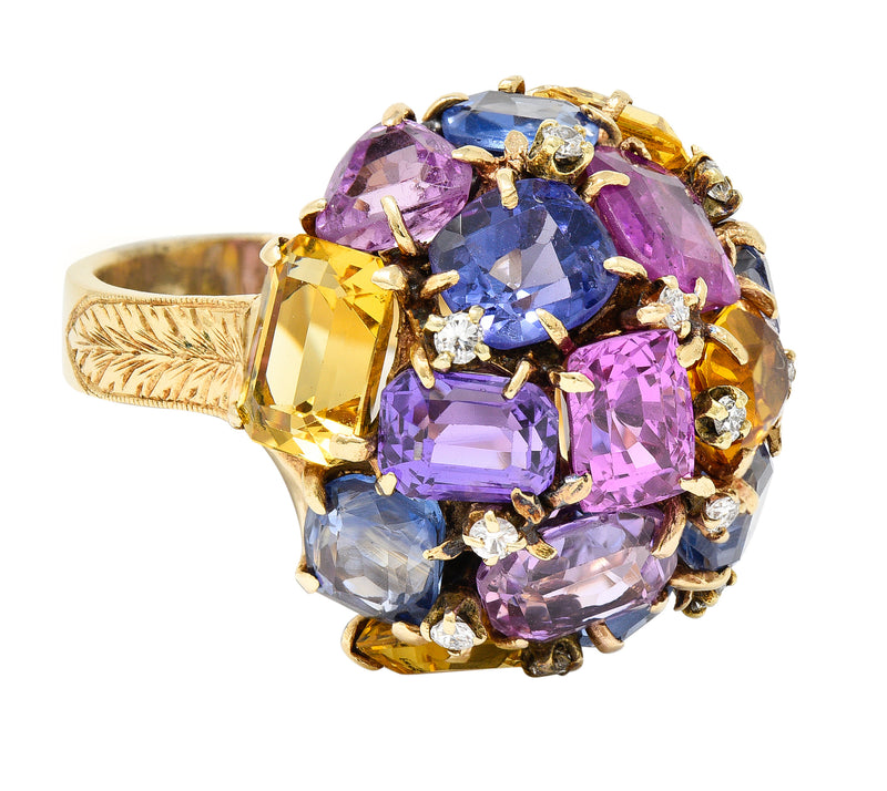 1960s 30.86 CTW Sapphire Heliodor Diamond 14 Karat Yellow Gold Dome Cluster Vintage Ring