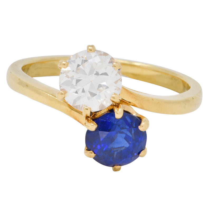 French Victorian Diamond Sapphire 2.04 CTW 18 Karat Gold Toi-Et-Moi Antique Ring