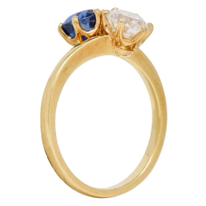 French Victorian Diamond Sapphire 2.04 CTW 18 Karat Gold Toi-Et-Moi Antique Ring