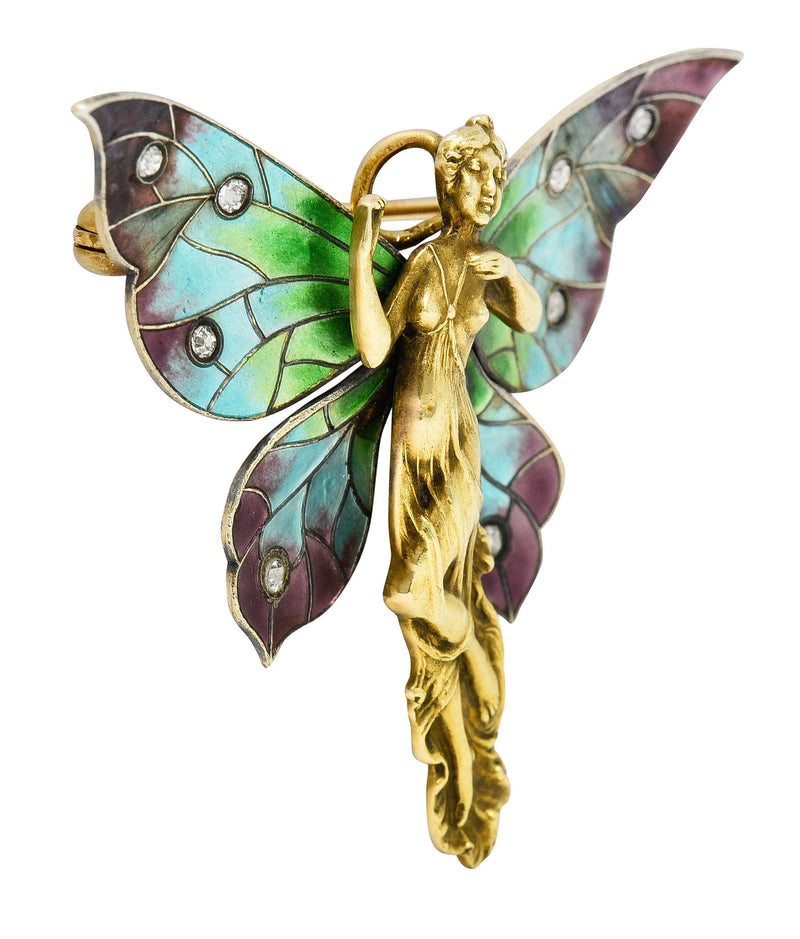 Art Nouveau Diamond Enamel 14 Karat Gold Fairy Antique Brooch